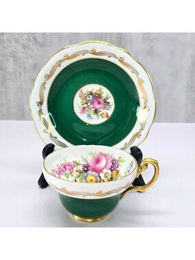 Teacup and Saucer Foley Bone China Green Floral England VL5149